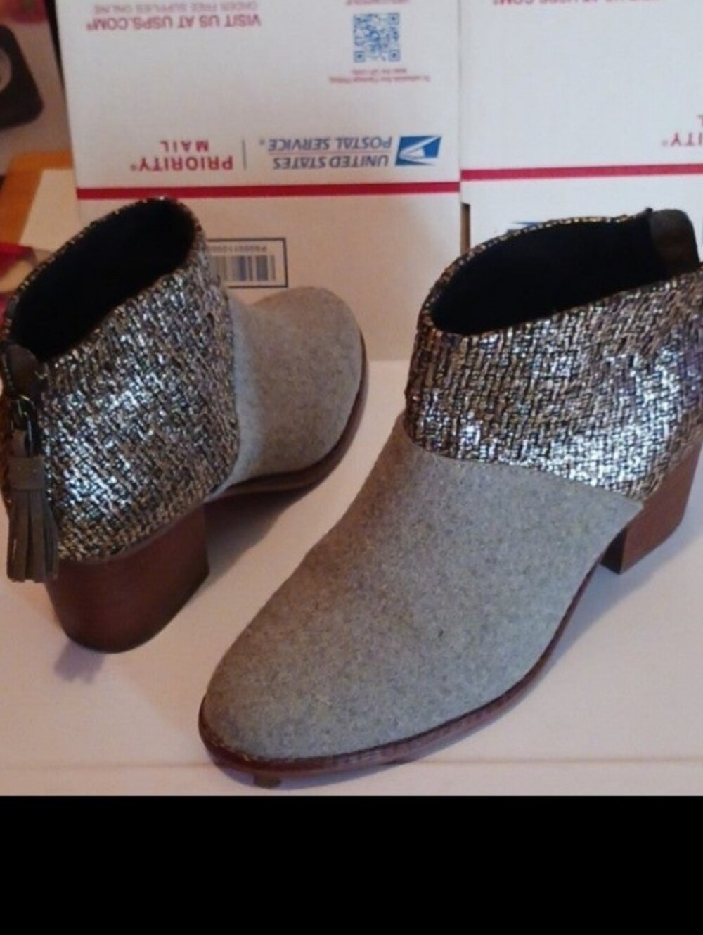 Toms Grey Felt Ankle Boots with Metallic Cuff and Tassel